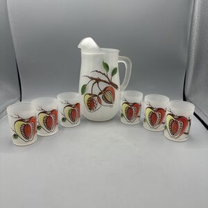 Vintage Gay Fad Hazel Atlas Frosted Pitcher Glass Set Stone Fruit Hand-Painted